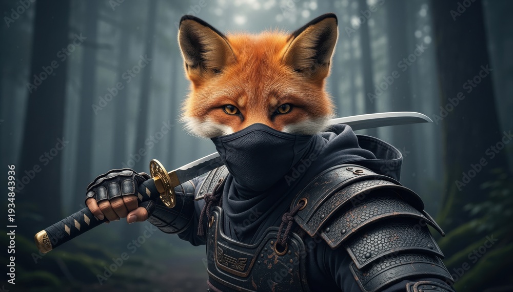 Naklejka premium Ninja Fox with Katana: A determined fox, clad in ninja attire, stands poised with a gleaming katana, ready for action in a mysterious forest.