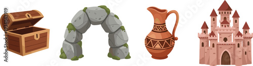 Fantasy medieval objects set, wooden treasure chest, stone arch portal, ceramic jug and fairy tale castle illustration isolated