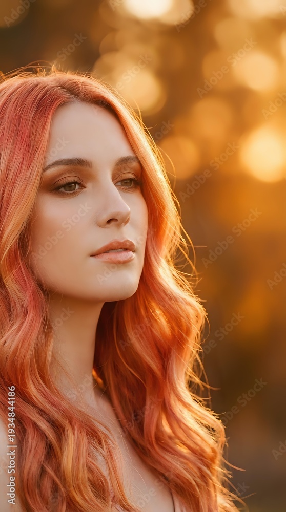 Fototapeta premium Young Caucasian woman with long wavy red hair in golden hour sunlight with warm bokeh background for beauty and lifestyle content.