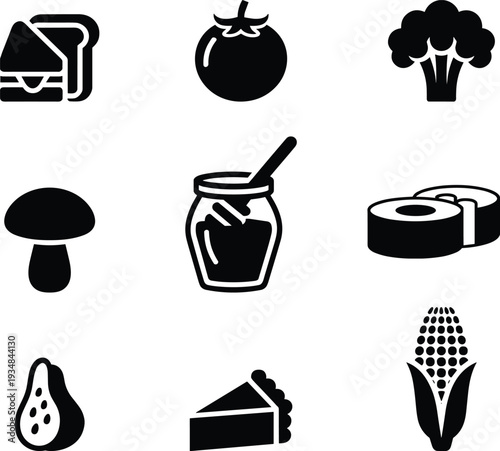 Food icon set vector, black and white illustration, healthy meal symbols, dietary clipart design, cad drawing flat vector illustration