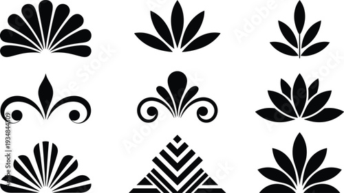 Floral ornamental silhouette set, black lotus leaf and geometric motifs, decorative vintage vector illustration isolated collection