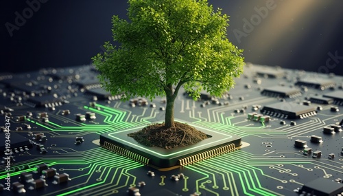 Tech and Nature's Symbiosis: A verdant tree flourishes from a central microchip, symbolizing the harmonious blend of nature and technological advancements.