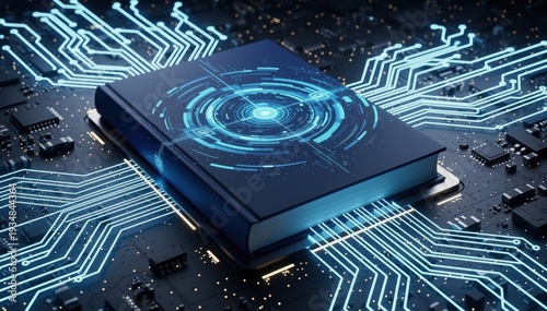 Digital Tome: A mesmerizing view of a book transformed into a futuristic digital interface, seamlessly integrated into a complex circuit board, symbolizing knowledge and the evolution of technology.