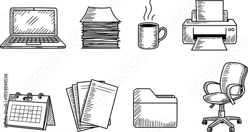 Hand Drawn Office Workspace Icons Set, Laptop Printer Calendar Documents Coffee Chair Line Art Vector Illustration Collection