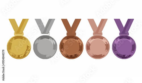 Gold silver bronze rose gold and platinum purple award medals with laurel wreath glossy metallic vector isolated on white