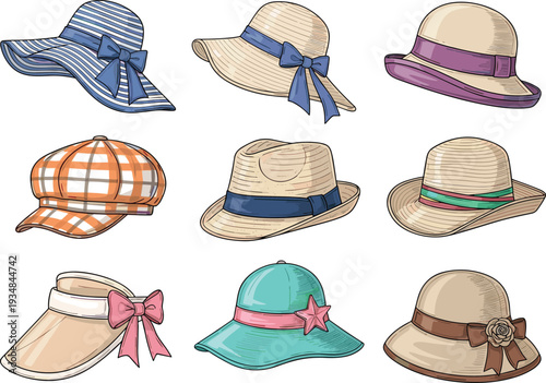 Hats, summer, fashion, illustration, straw, sunhat, cap, vintage, stylish, accessories, women, trendy, collection, beach, casual, elegant, design, retro, headwear, decorative