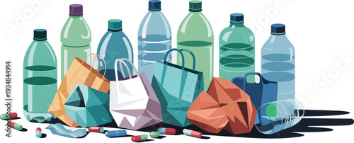Plastic waste pollution illustration vector, disposable bottles bags trash environmental contamination recycling problem isolated ecology conservation awareness concept design