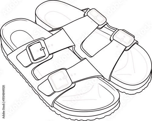 Summer, sandals, outline, footwear, casual, flip, flops, beach, fashion, comfort, buckled, shoes, illustration, isolated, lineart, stylish, vacation, flat, design, accessory