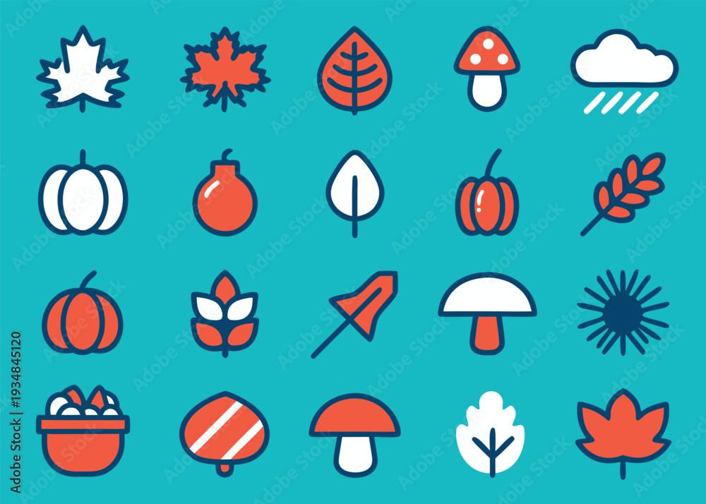 Fototapeta premium Twenty autumn icons with thick blue outlines and red-white coloring on a cyan background featuring pumpkins leaves and mushrooms in a grid.