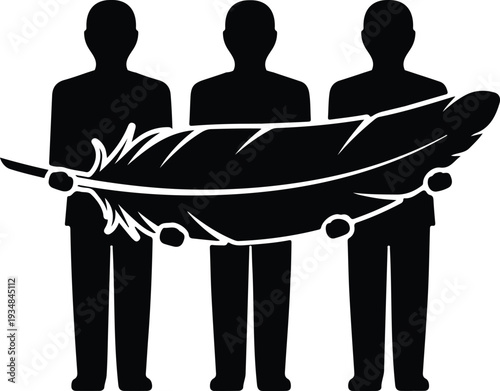 Silhouette three people holding a large feather minimalist black white vector illustration