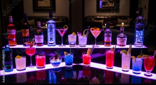Vibrant Illuminated Cocktails & Spirits Display in Luxury Bar