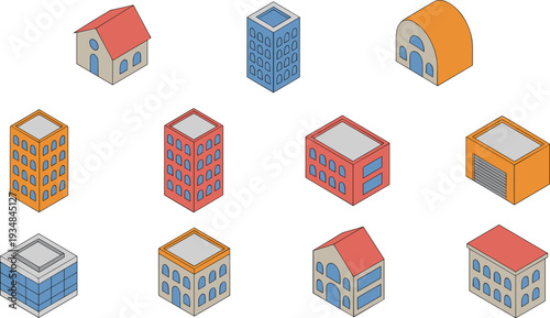 Isometric urban building icons collection featuring colorful houses offices warehouse structures modern architecture vector style minimal city infrastructure set illustration