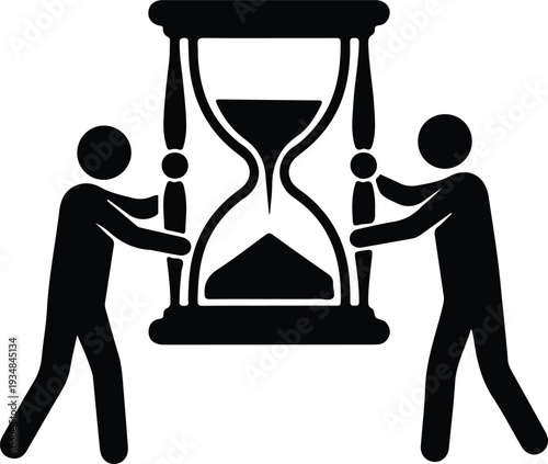 Silhouette two people holding hourglass symbolizing time management vector illustration