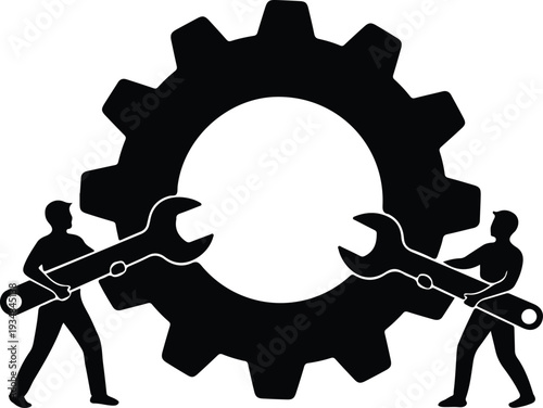 Silhouette workers fixing large gear with wrenches vector illustration