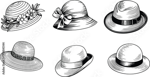 Vintage, women, hats, collection, sketch, illustration, elegant, fashion, headwear, accessory, retro, stylish, monochrome, classic, floral, isolated, drawing, design, chic, apparel
