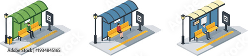 Isometric urban bus stop shelters with seated passengers, public transport station illustration set on white background modern city infrastructure concept