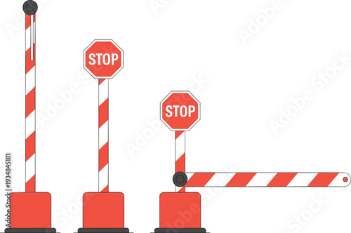 Road barrier gate with stop sign set, security checkpoint barrier illustration, parking gate arm, traffic control barrier, safety road block vector isolated on white background