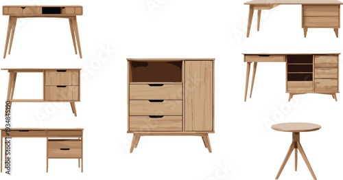 Wooden furniture collection vector illustration, modern desks cabinets tables set isolated interior home office decor carpentry design vintage style