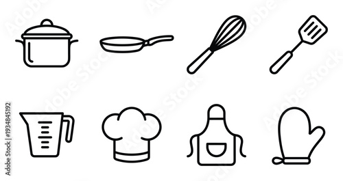 Set of kitchen utensils and tools outline icons on transparent background exactly hundred characters here