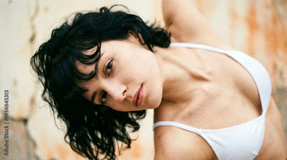 Naklejka premium Dark-haired young woman direct confident gaze against an aged outdoor wall bathed in soft warm natural light with a vintage film aesthetic