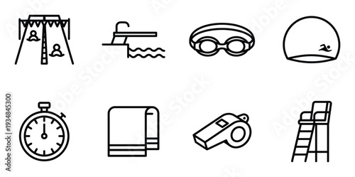 Swimming pool and water sports equipment line icon collection featuring goggles stopwatch and whistle