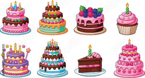 Birthday cake collection with candles, cupcake, chocolate cake, fruit cake, celebration dessert set, colorful sweet bakery illustration, party food vector isolated on white background