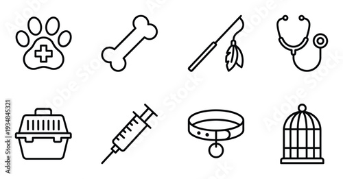 Veterinary pet care icon set with paw bone toy stethoscope carrier syringe collar and bird cage sign