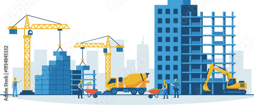 Construction workers building city with cranes and heavy machinery, urban development, building construction site, engineering industry flat vector illustration