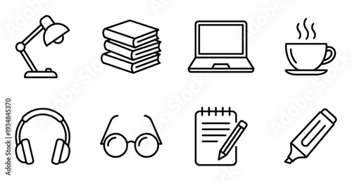 Workplace stuff office desk stuff work and study supplies flat line art icon symbol set