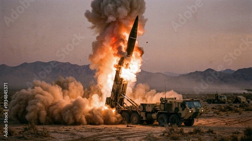 HIMARS tactical launcher erupting powerful rocket in arid desert expanse under fiery twilight glow