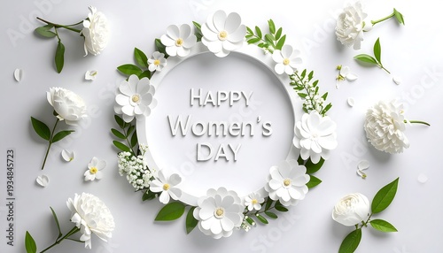 White flowers in a circle frame, wishing Happy Women's Day