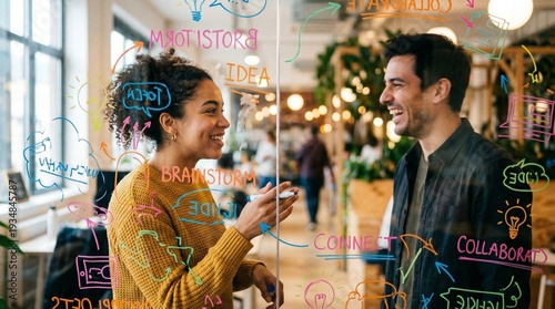 Diverse Business Partners Happily Exchanging Innovative Concepts on Modern Glass Whiteboard Office with Bright Energetic Collaborative Ambiance