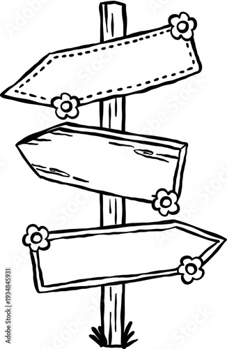 Directional Signpost Arrow Wood Outline with Flowers Illustration Hand Drawn