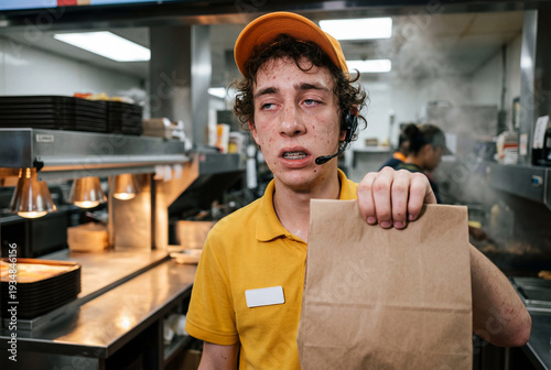 Exhausted Young Fast Food Worker Holds Order in Restaurant Kitchen