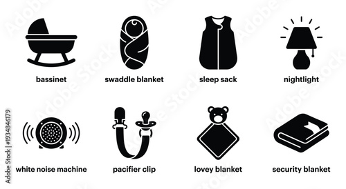Baby supplies icon set vector illustration for newborns, toddlers and infants care in solid style