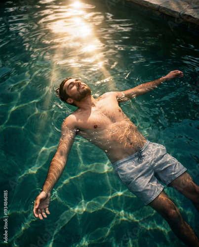 Relaxed Man Peacefully Floating on Back in Sunlit Swimming Pool