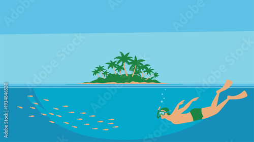Man Snorkeling Tropical Island Vacation Illustration