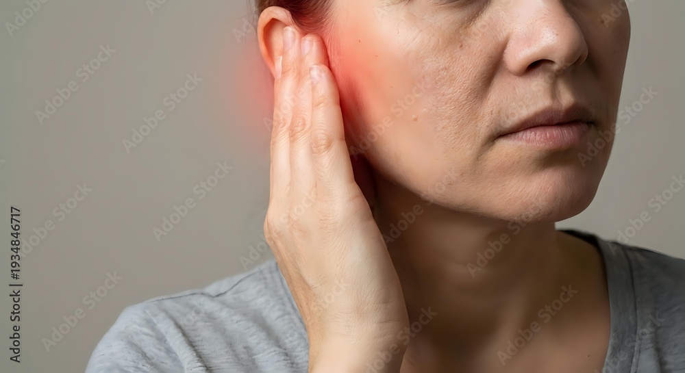 Fototapeta premium Middle-aged Caucasian woman touching ear experiencing pain or hearing problems, healthcare and medical concept for auditory issues or infection.