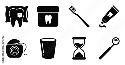 Dental hygiene and care elements vector illustration set with tooth, floss, toothpaste and other things