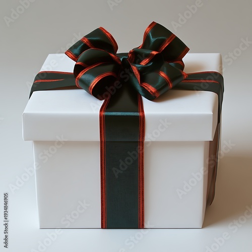 White gift box with a dark green and red ribbon bow