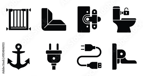 Household items vector illustration gate armchair door hinge toilet plug anchor electric usb