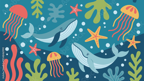 Ocean marine life whales jellyfish