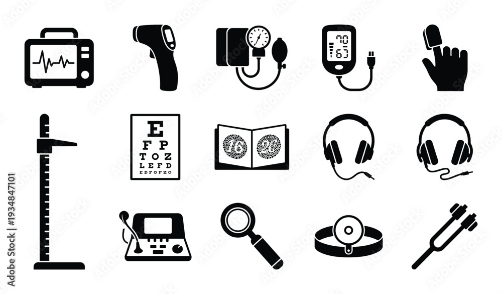 Fototapeta premium Medical equipment icons relating to medicine health care and diagnostics in black and white
