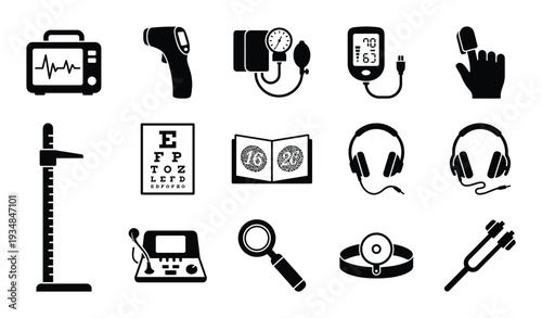 Medical equipment icons relating to medicine health care and diagnostics in black and white