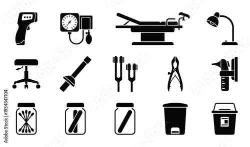 Medical equipment icons relating to medicine health care and diagnostics in black and white