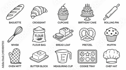 Monochrome line art icons of essential baking tools, fresh ingredients, and delightful homemade pastries, perfect for culinary themes