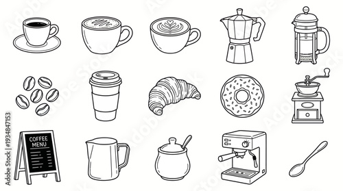 A collection of hand-drawn black and white icons representing coffee and breakfast items, perfect for menus and cafe branding