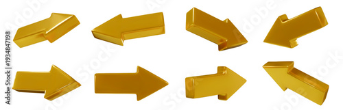 Eight glossy gold 3D arrows in various directions arranged on a white background, reflective metallic surfaces, no labels. Vector illustration
