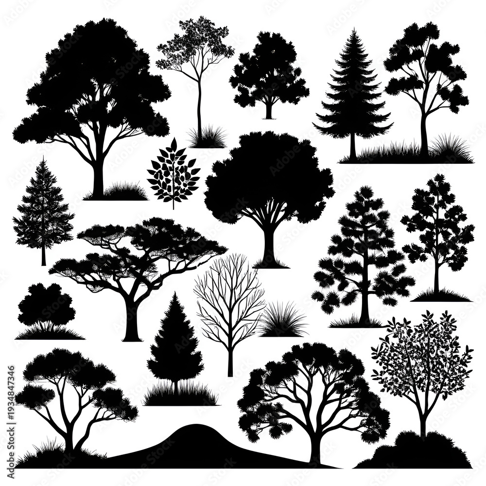 Fototapeta premium A modern set of black silhouettes featuring various trees and shrubs