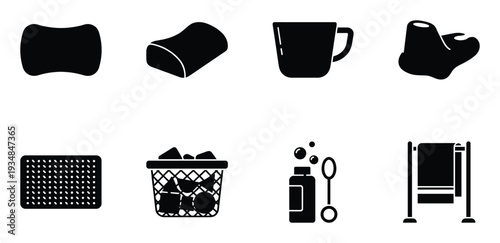 Set of bath accessories icons for bathroom and cleaning design needs in a modern and simple black style